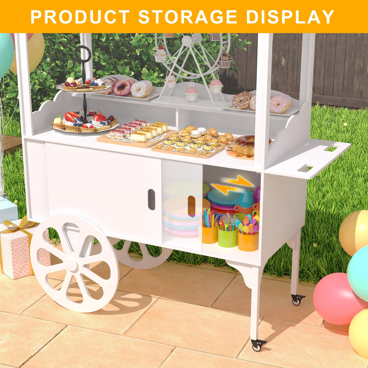 Candy Cart with Wheels for Party,Wood Dessert Cart with Storage Cabinet