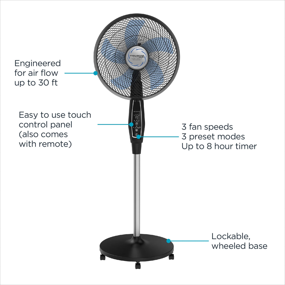 Rowenta Turbo Silence Standing Floor Fan with Remote, 53 Inch, Portable, 5 Speeds, VU5670