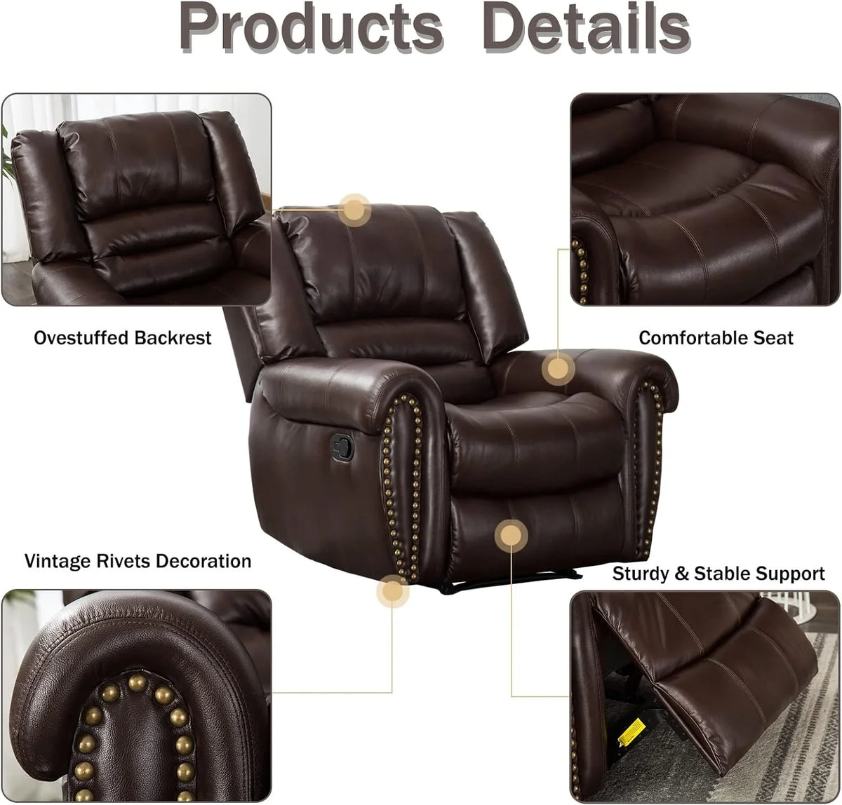 CANMOV Leather Recliner Chair, Classic and Traditional Manual Recliner Chair with Comfortable Arms and Back Single Sofa for Living Room, Nut Brown