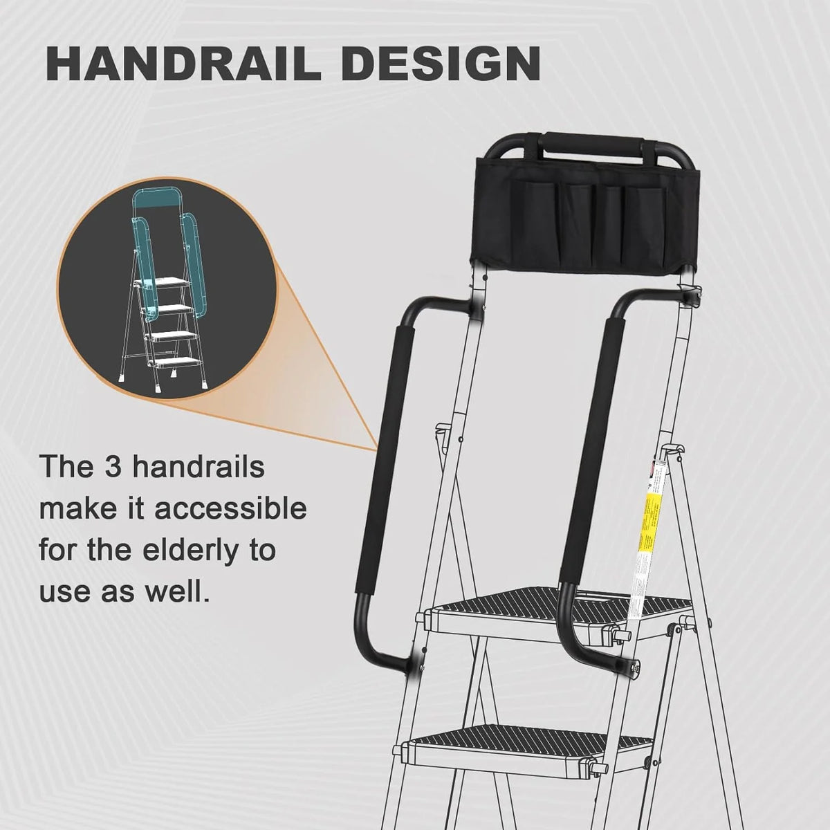 HBTower 4 Step Ladder with Handrails and Tool Bag, Folding Step Stool with Attachable Anti-Slip Wide Pedal, Black