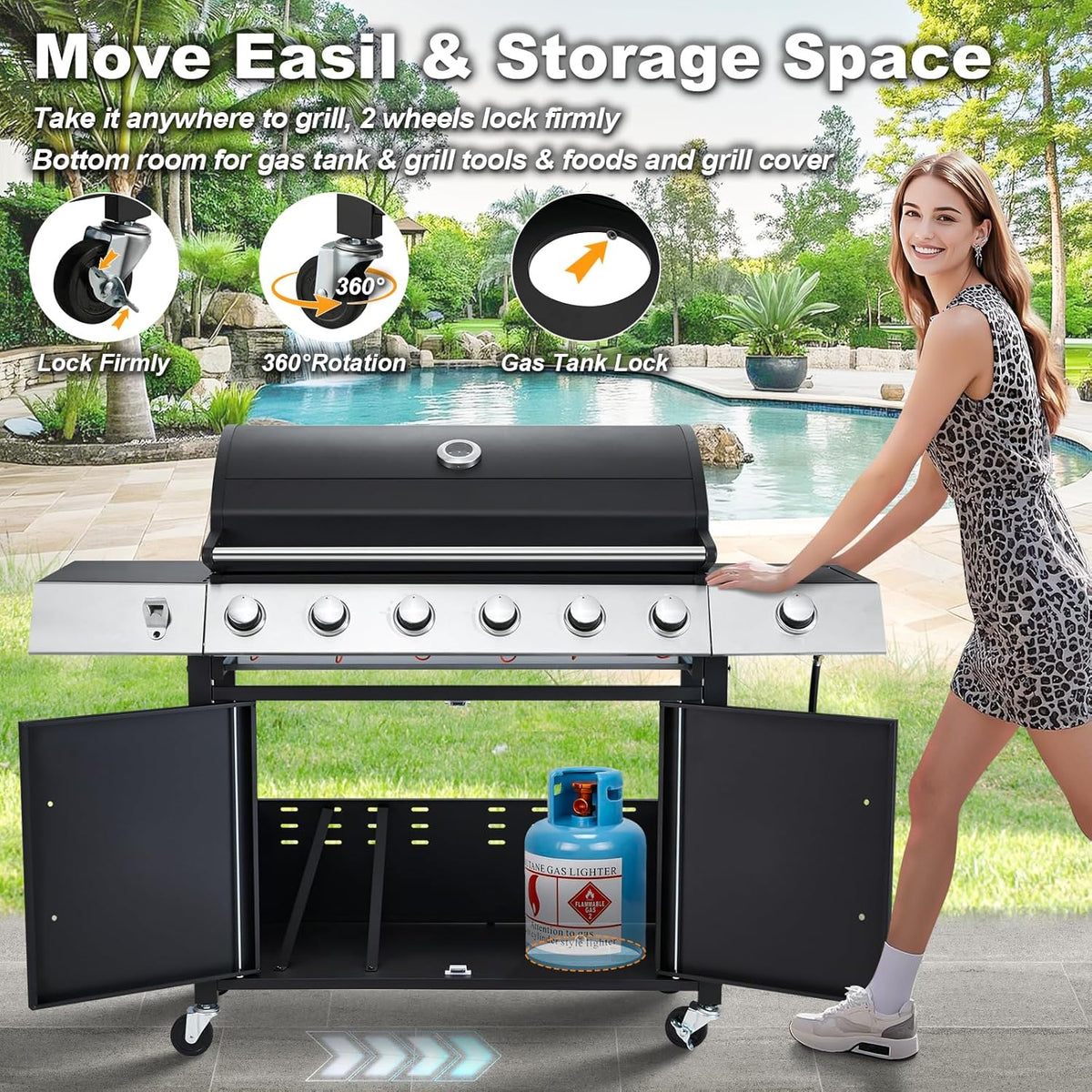 Upgraded 4 Burner BBQ Propane Gas Grill with Cast Iron Grates & Side Stove, 44,000 BTU Stainless Steel Burner Barbecue Grill for Patio, Camping, Outdoor Cooking.