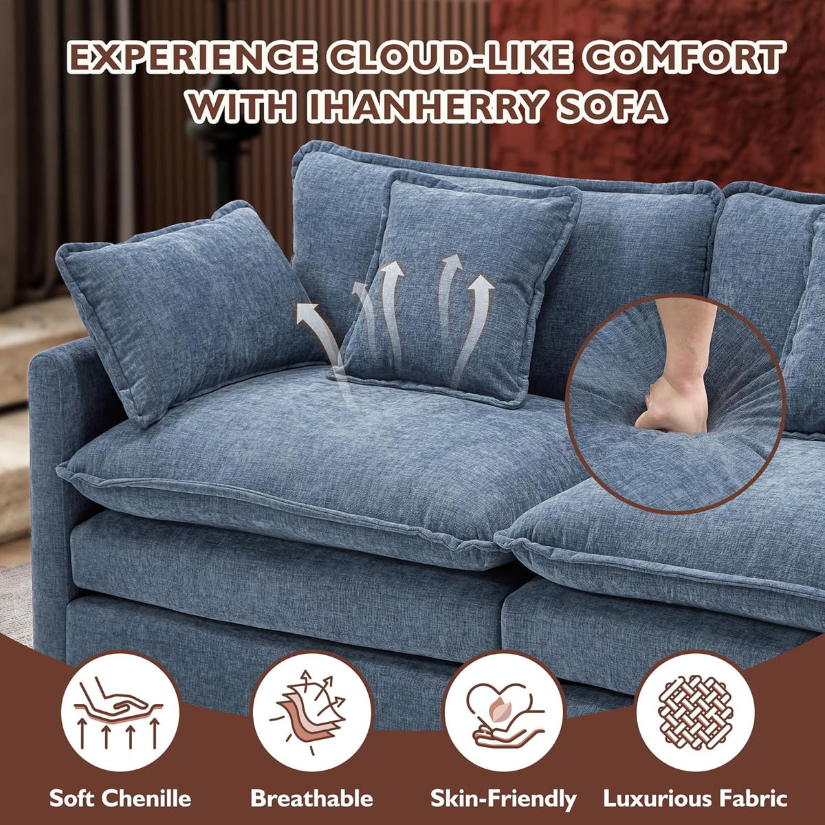 Ihanherry 146" U-Shaped Modern Sofa Modular Sectional Cloud Couch with 2 Ottoman, 6-Seat Chenille Deep Seat Sofa with 6 Pillows for Living Room, Bedroom and Apartment, Grey