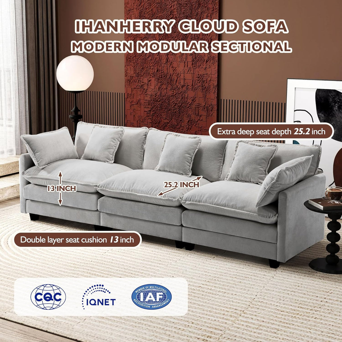Ihanherry 146" U-Shaped Modern Sofa Modular Sectional Cloud Couch with 2 Ottoman, 6-Seat Chenille Deep Seat Sofa with 6 Pillows for Living Room, Bedroom and Apartment, Grey