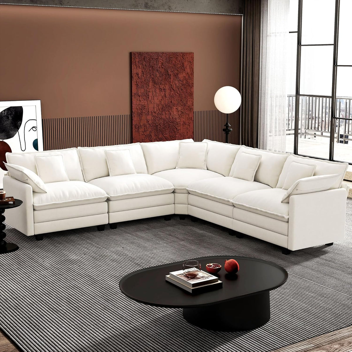 Ihanherry 146" U-Shaped Modern Sofa Modular Sectional Cloud Couch with 2 Ottoman, 6-Seat Chenille Deep Seat Sofa with 6 Pillows for Living Room, Bedroom and Apartment, Grey