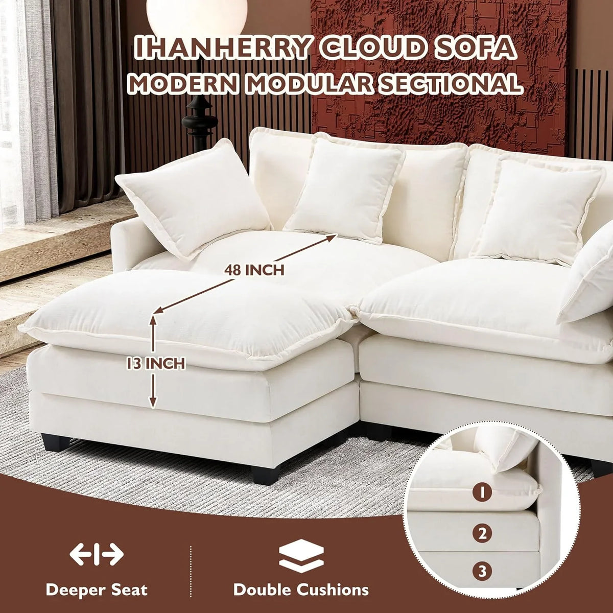 Ihanherry 146" U-Shaped Modern Sofa Modular Sectional Cloud Couch with 2 Ottoman, 6-Seat Chenille Deep Seat Sofa with 6 Pillows for Living Room, Bedroom and Apartment, Grey