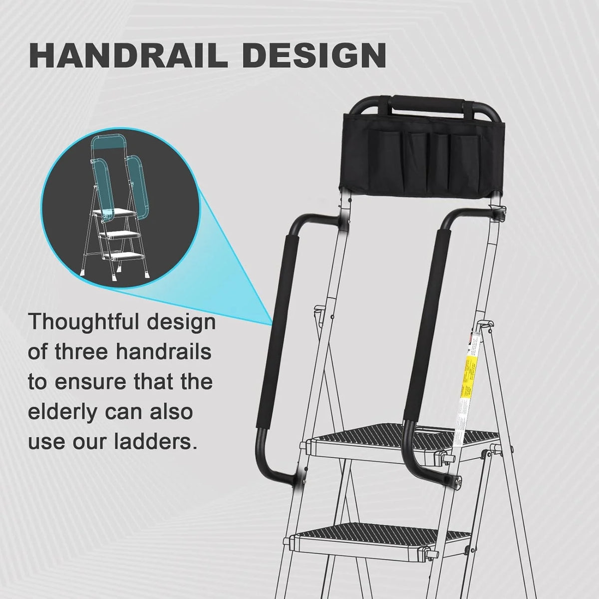 HBTower 4 Step Ladder with Handrails and Tool Bag, Folding Step Stool with Attachable Anti-Slip Wide Pedal, Black