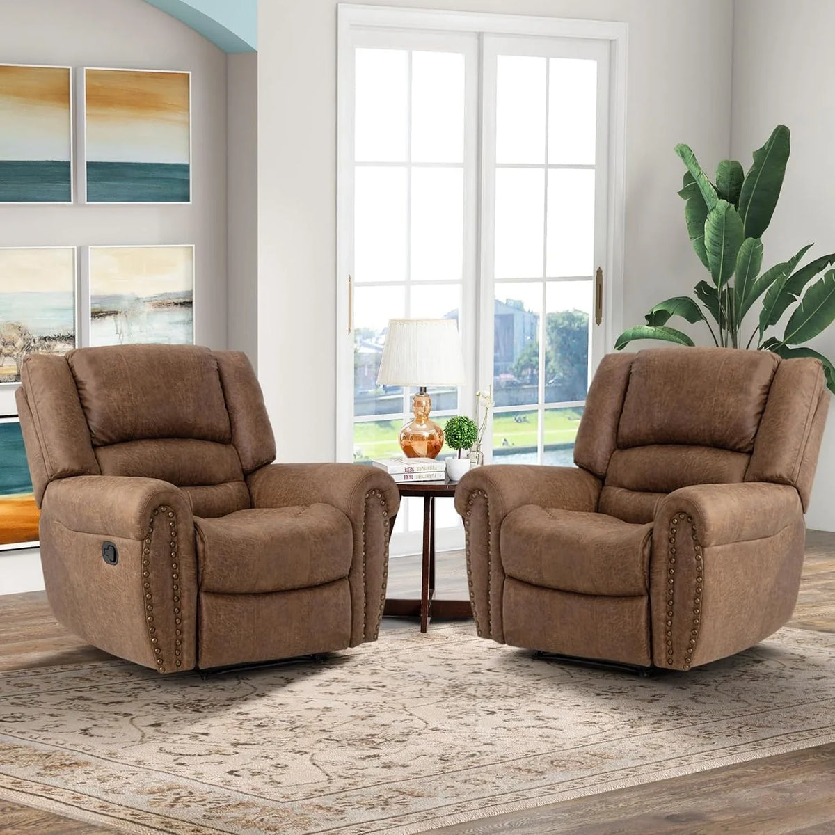 CANMOV Leather Recliner Chair, Classic and Traditional Manual Recliner Chair with Comfortable Arms and Back Single Sofa for Living Room, Nut Brown