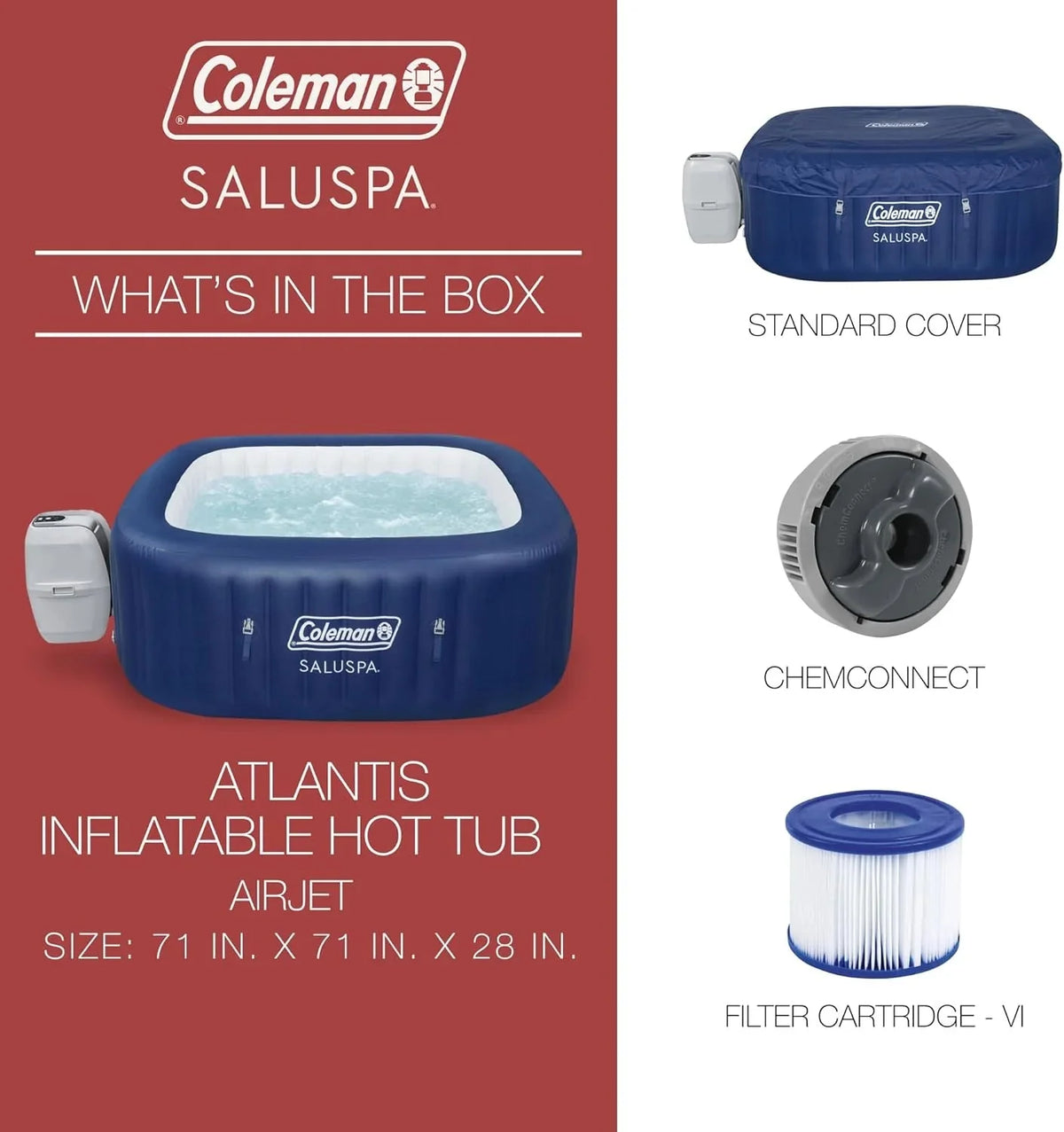 4 to 6 Person Inflatable Hot Tub Square Portable Outdoor Spa with 114 Soothing AirJets and Insulated Cover, Gray-Coleman