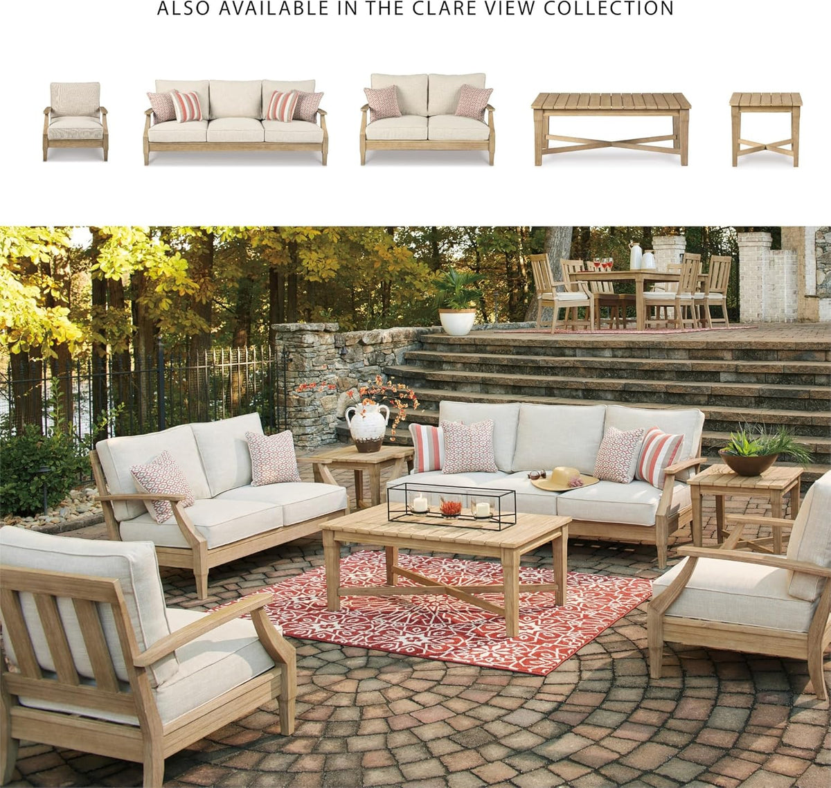 Signature Design by Ashley Clare View Coastal Outdoor Patio Eucalyptus Sofa with Cushions, Beige