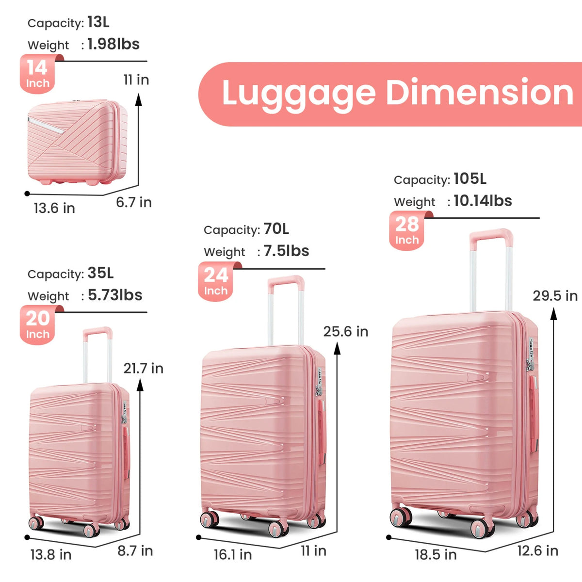 Luggage 4 Piece Sets(14/20/24/28), Hard Shell Lightweight TSA Lock Carry on Expandable Suitcase with Spinner Wheels