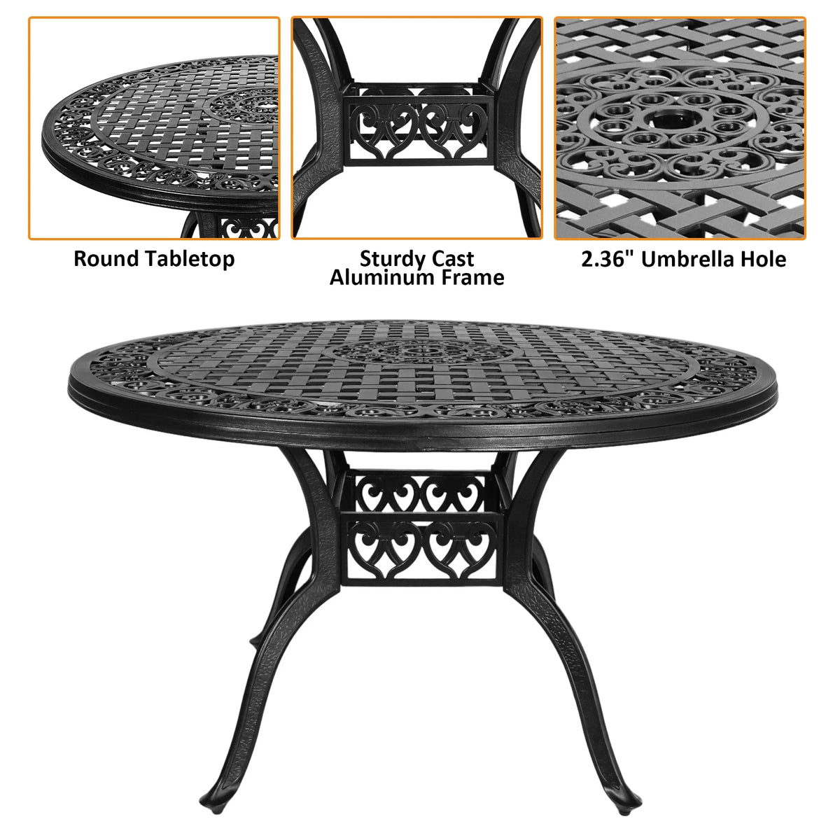 48 Inch Outdoor Dining Table Round Patio Bistro Table Powder-Coated Cast Aluminum Frame Patio Dining Table Garden Table with Umbrella Hole (Black)