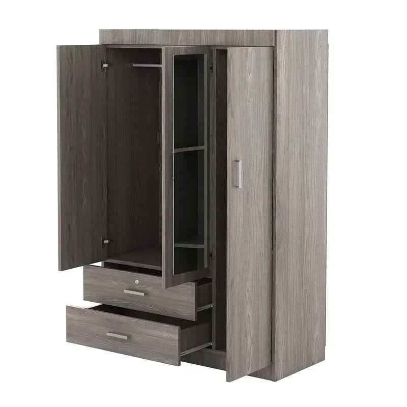 3-Door Mirror Wardrobe with Shelves and 2 Drawers