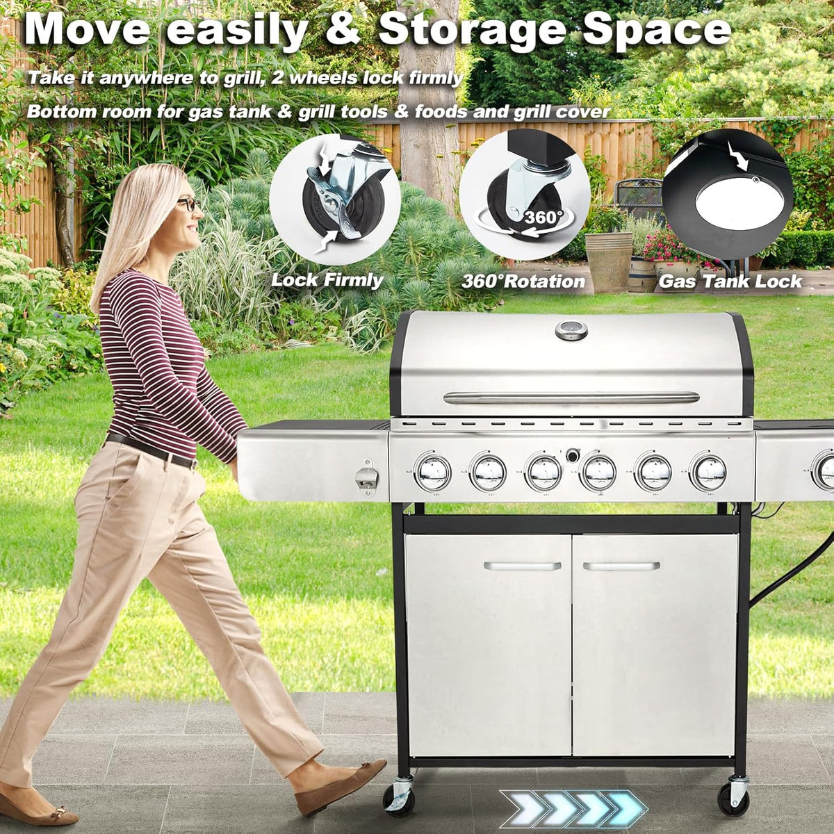 Upgraded 4 Burner BBQ Propane Gas Grill with Cast Iron Grates & Side Stove, 44,000 BTU Stainless Steel Burner Barbecue Grill for Patio, Camping, Outdoor Cooking.