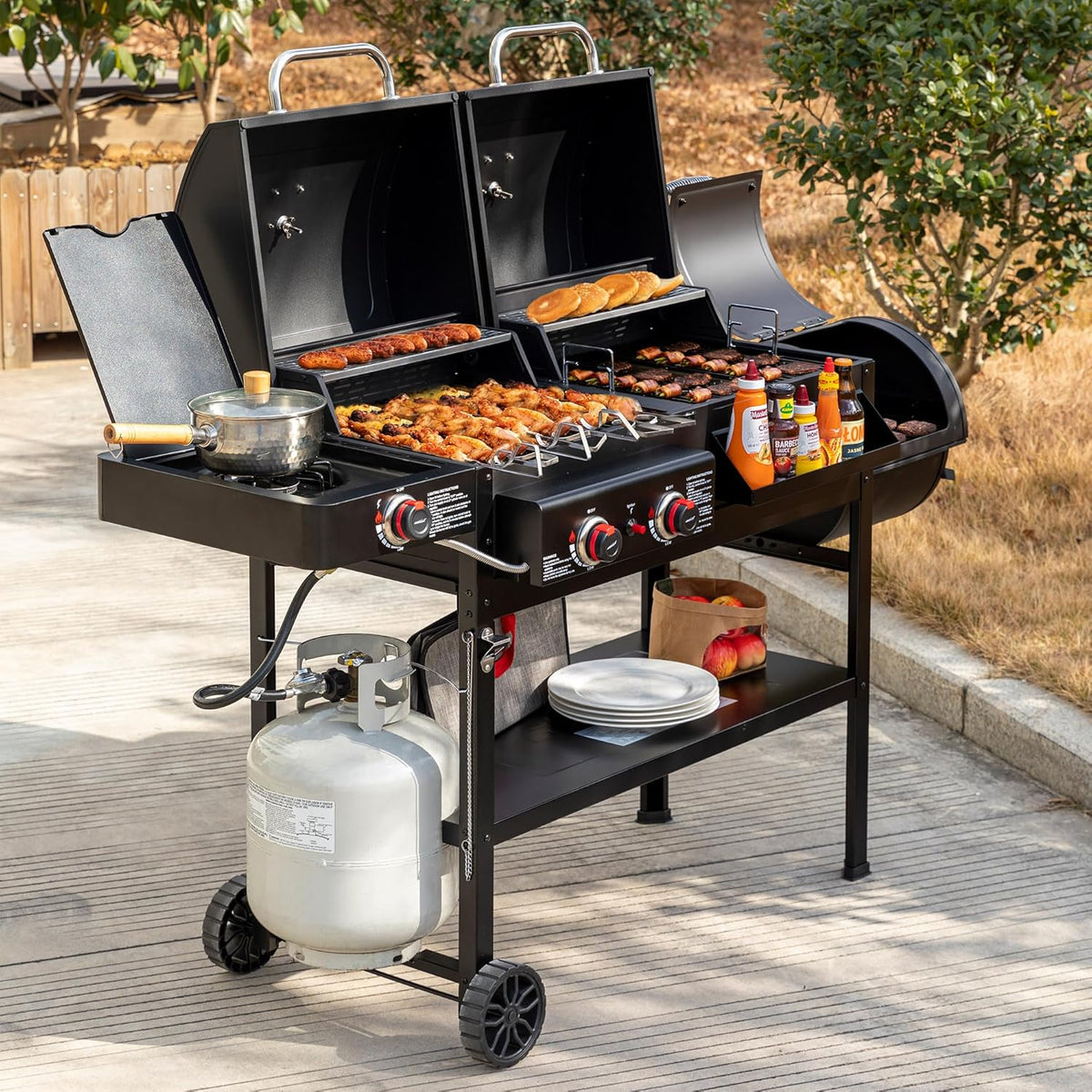 2-Burner Gas & Charcoal Combo Grill with Smoker & Side Burner, 34,000 BTU, 1020 Sq In, Black