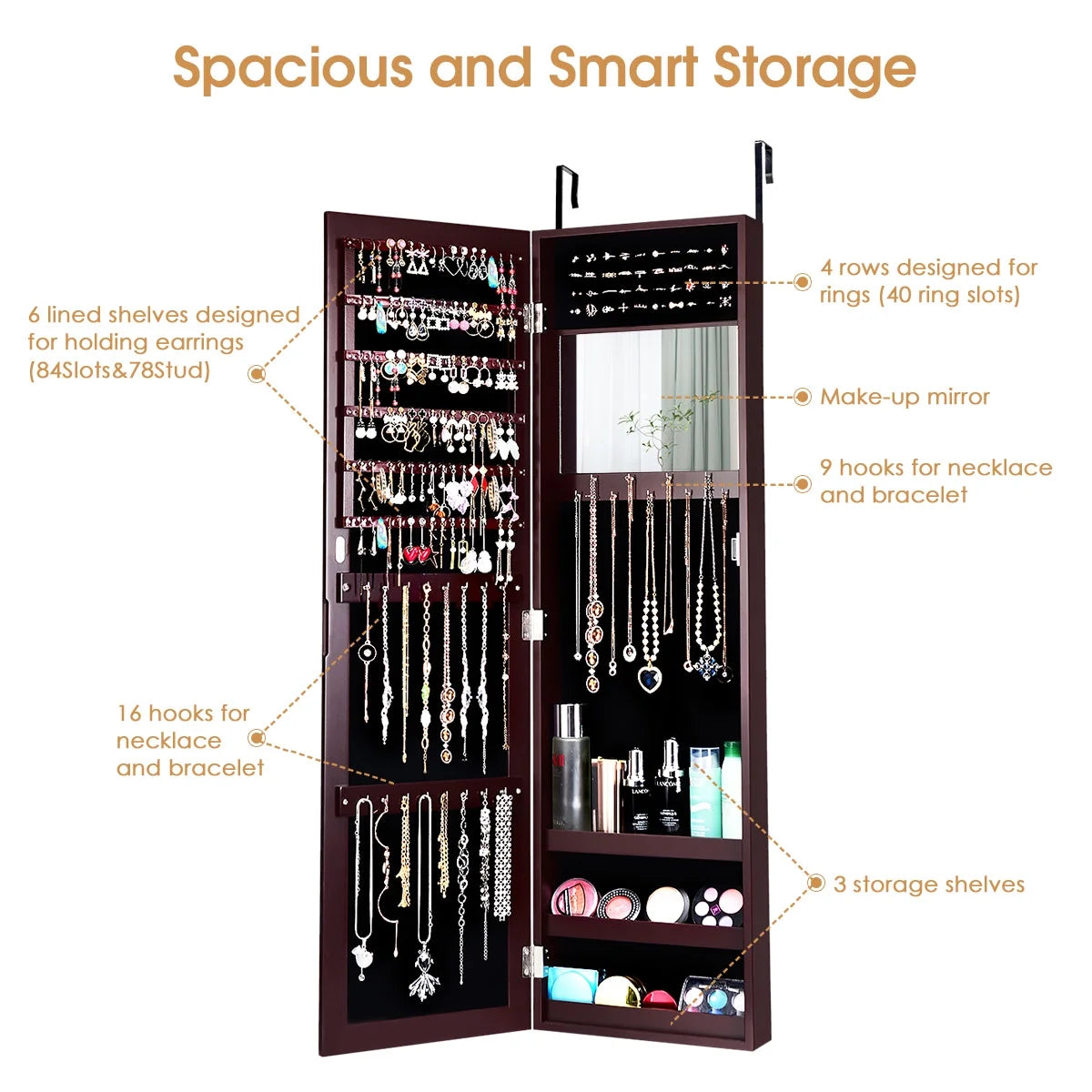 Costway Wall Door Mounted Mirrored Jewelry Cabinet Storage Organizer-Black