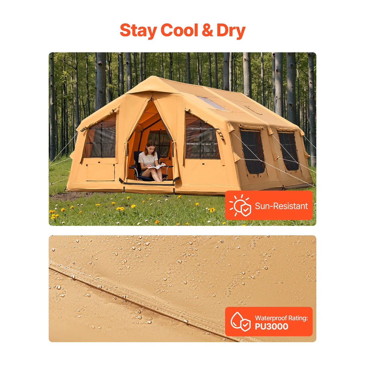 KFFKFF Inflatable Tent for Camping, 15.75 x 11.81 x 7.22 Ft Glamping Blow up Tent for 8-12 People, Air-Filled Camping Shelters, Outdoor Living Tent with Dual Sunroofs, Stove Jack