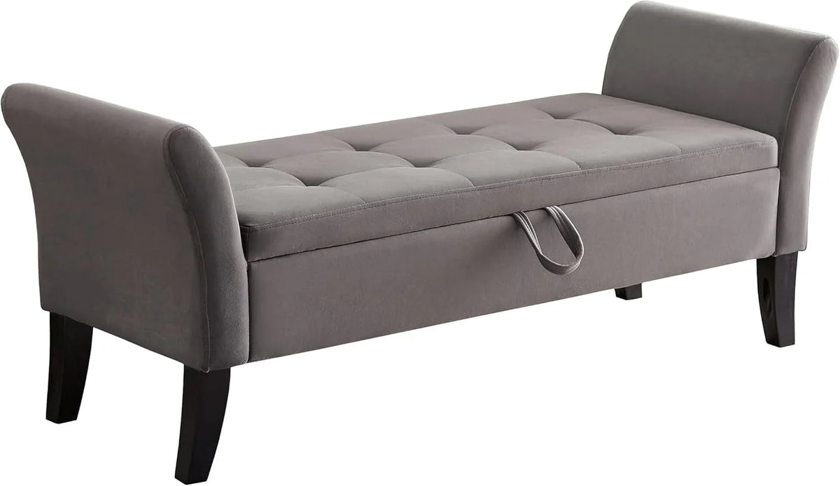 Furniliving Modern Storage Ottoman Bench, Sherpa Ottoman End of Bed Bench with Solid Wood Legs Upholstered Ottoman Benches with Storage Indoor Bench for Living Room with Rolled Arm, Entryway, White