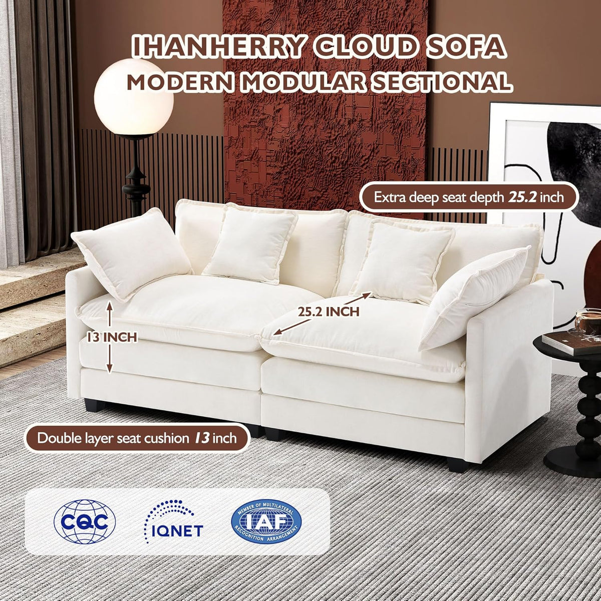Ihanherry 146" U-Shaped Modern Sofa Modular Sectional Cloud Couch with 2 Ottoman, 6-Seat Chenille Deep Seat Sofa with 6 Pillows for Living Room, Bedroom and Apartment, Grey