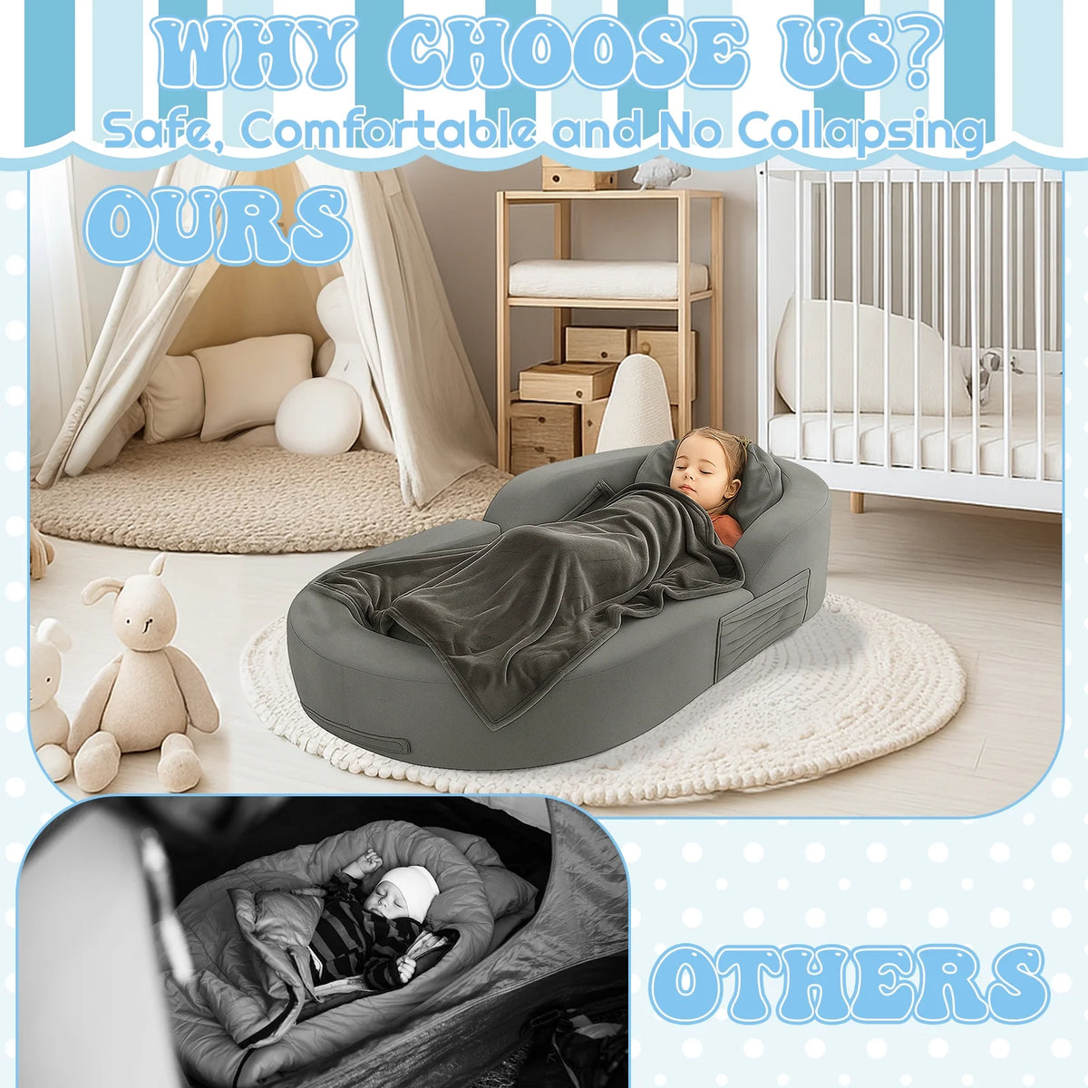 Coumy Toddler Travel Bed 2-in-1 Kids Sofa Chair with Removable Cover, Soft Foam Portable Foldable Toddler Bed for Travel with Carrying Bag, Blue