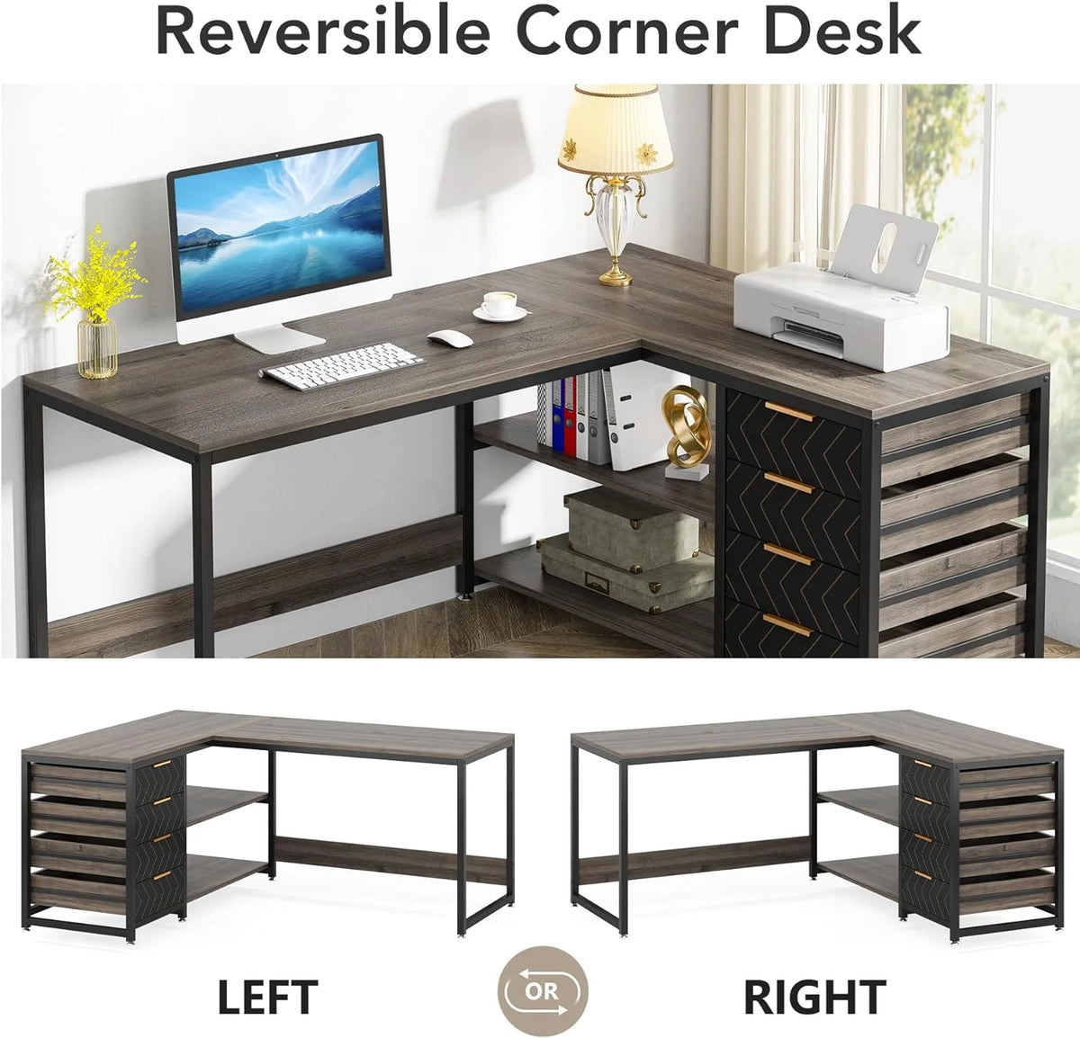 Tribesigns 59" L-Shaped Office Desk, Modern Reversible Computer Study Desk for Home Office, White