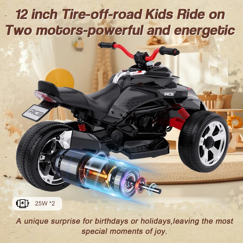 RCB 12V Electric Ride-On,Dual Motors,Music,Up to 5 mph,3 Wheel ATV Style for Kids Ages 3+,Black