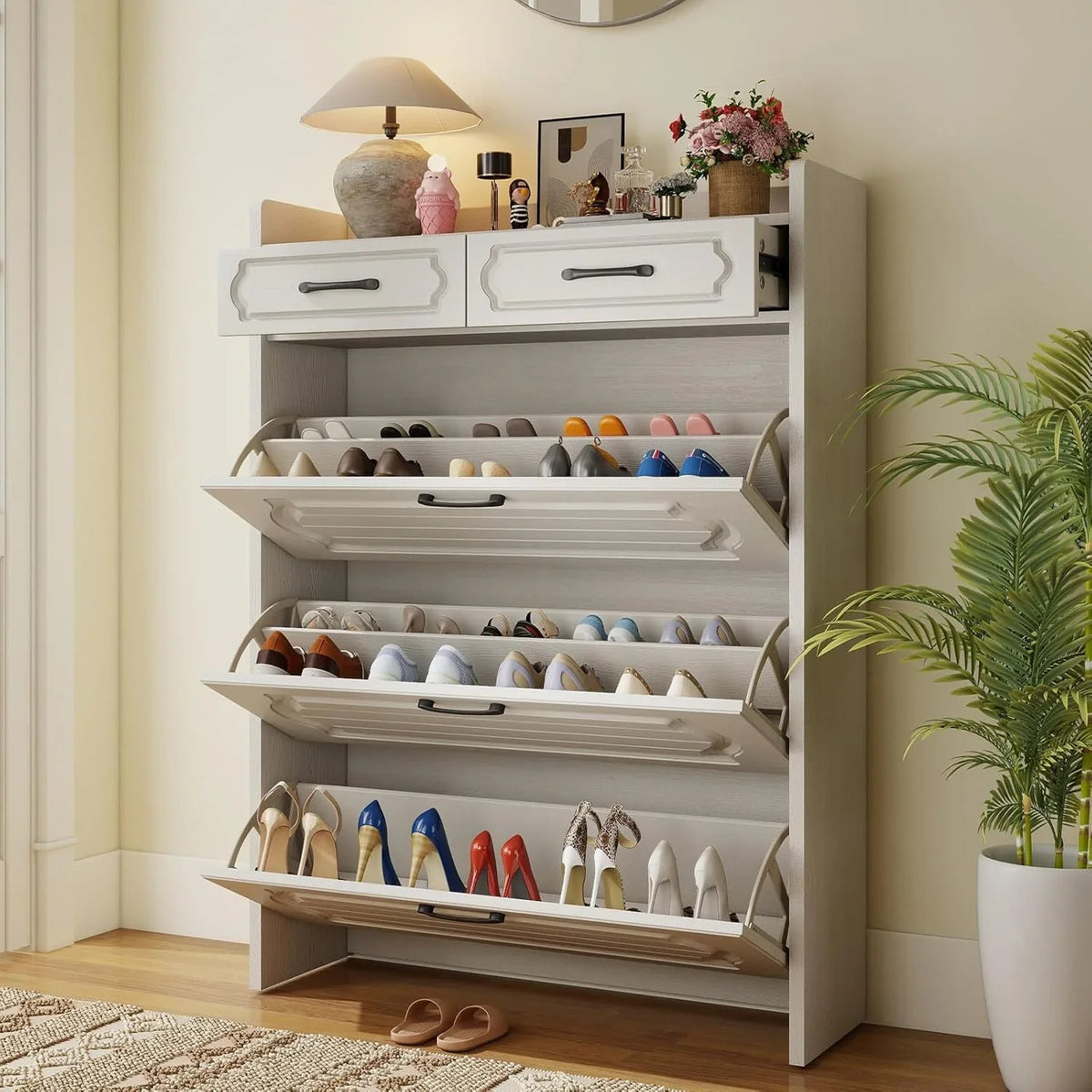 Shoe Cabinet with 3 Large Flip Drawers & 2 Storage Drawers, Narrow Shoe Organizer Cabinet Fits
