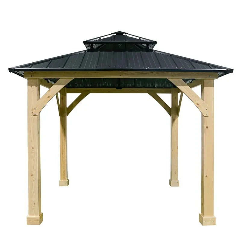10 x 10 FT Outdoor Patio Hardtop Gazebo with Wood Frame & 2-Tier Metal Roof, All-Weather Gazebo Pergolas Shelter