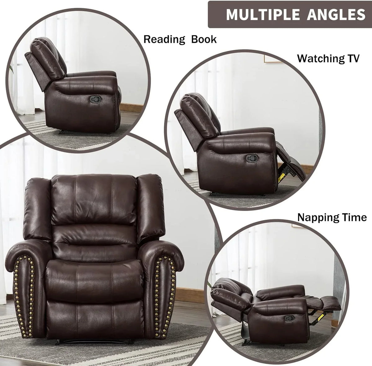 CANMOV Leather Recliner Chair, Classic and Traditional Manual Recliner Chair with Comfortable Arms and Back Single Sofa for Living Room, Nut Brown
