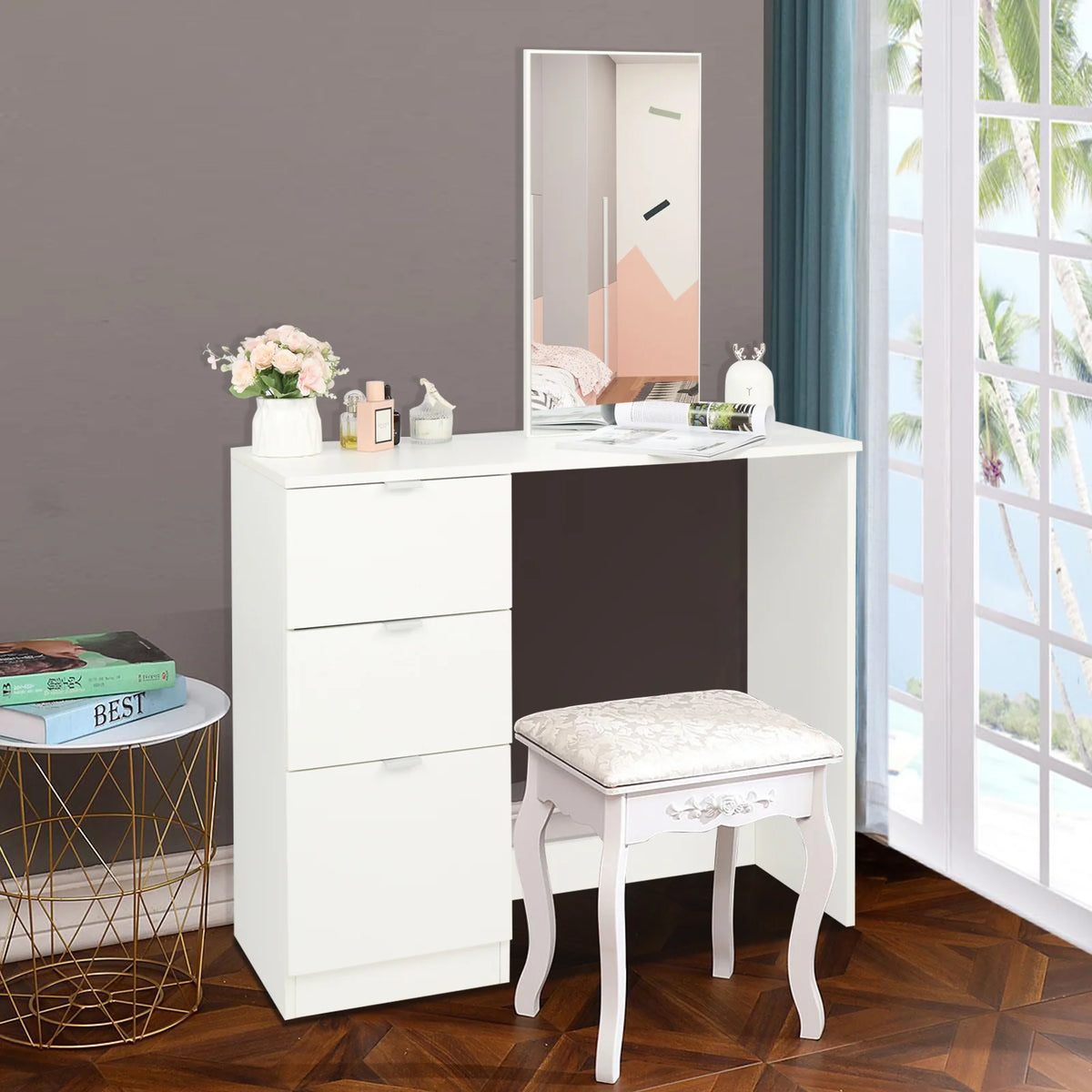 Ktaxon Vanity Set with 3 Color Lighted Mirror, Makeup Table with 6 Drawers, Dressing Table Makeup Desk with Stool, White