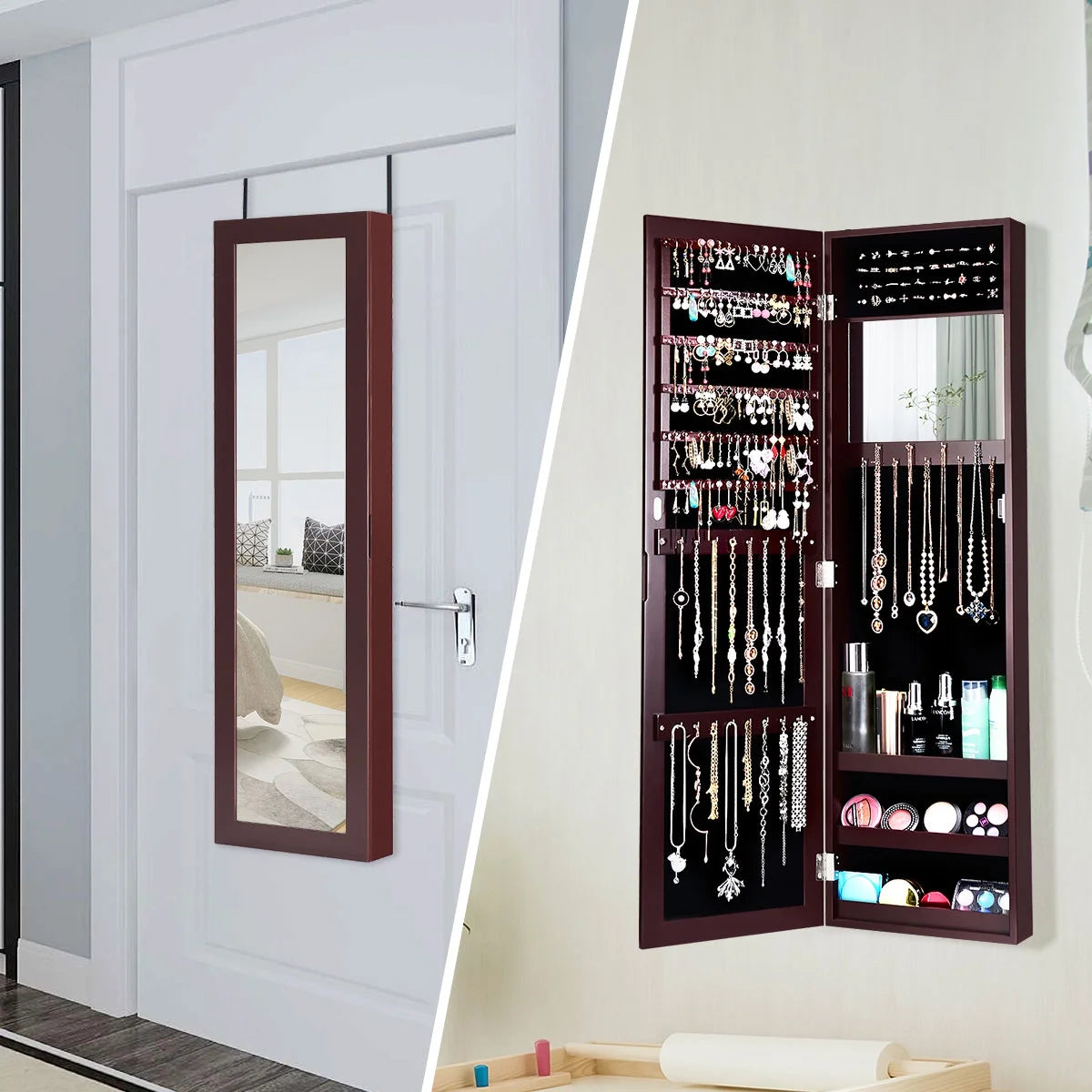 Costway Wall Door Mounted Mirrored Jewelry Cabinet Storage Organizer-Black