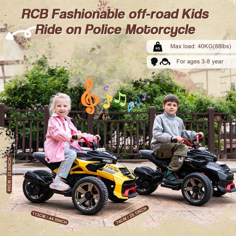 RCB 12V Electric Ride-On,Dual Motors,Music,Up to 5 mph,3 Wheel ATV Style for Kids Ages 3+,Black