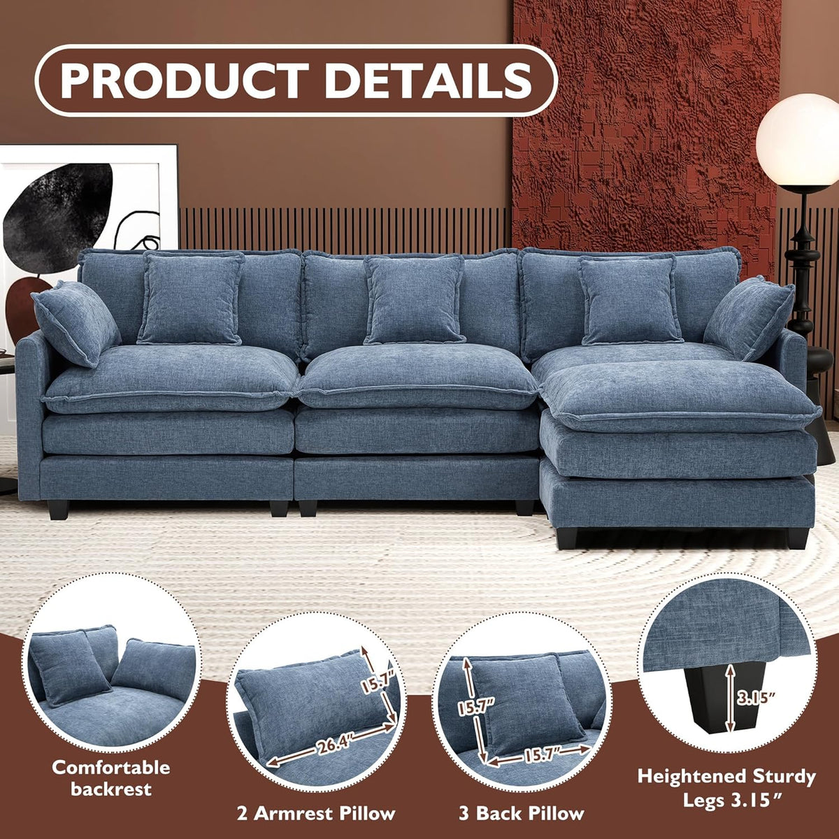 Ihanherry 146" U-Shaped Modern Sofa Modular Sectional Cloud Couch with 2 Ottoman, 6-Seat Chenille Deep Seat Sofa with 6 Pillows for Living Room, Bedroom and Apartment, Grey