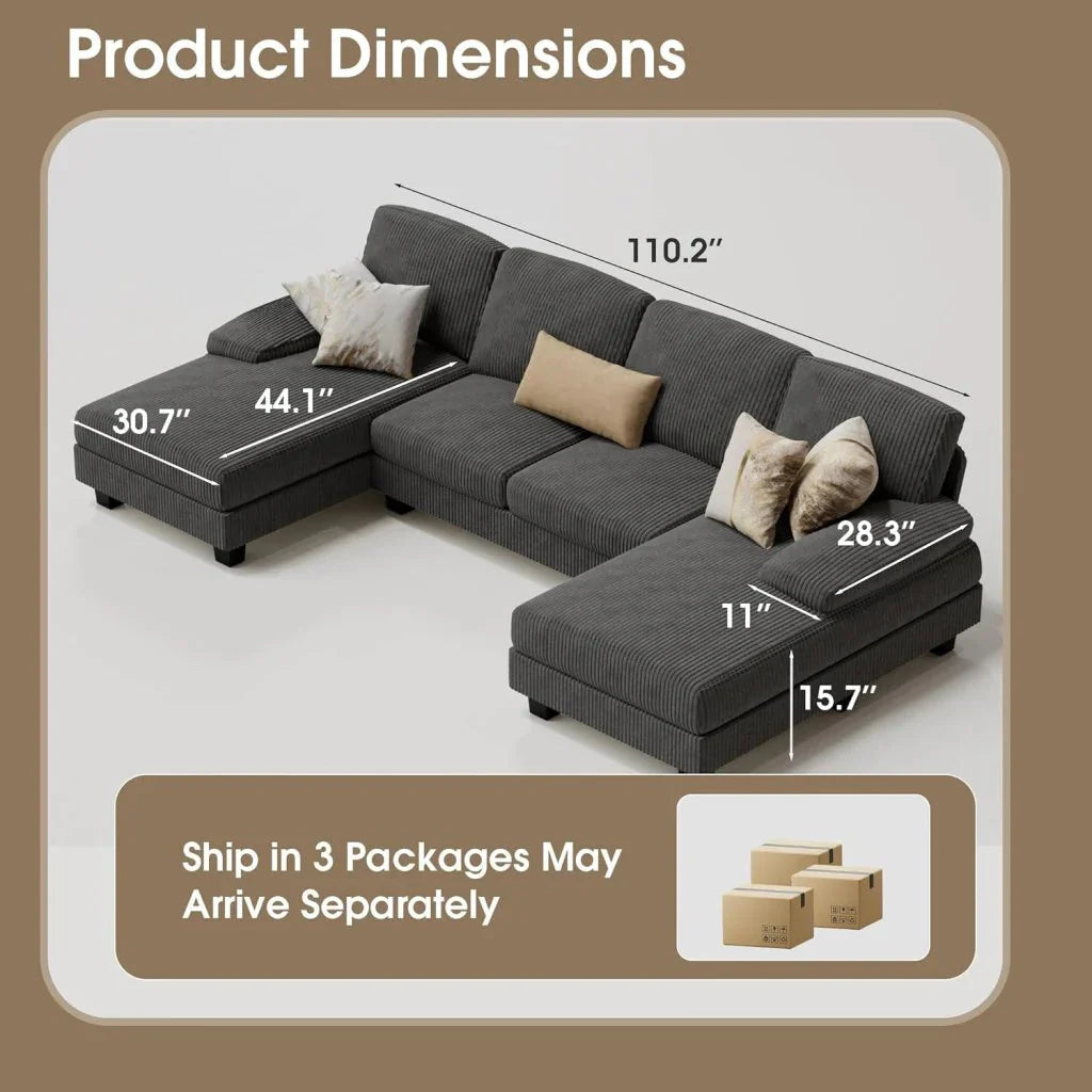 Furmax Sectional Couches for Living Room, U-Shaped Sofa Couch with Linen Fabric, 4 Seat Sofa Set with Double Chaise for Apartment (Fabric, Grey)