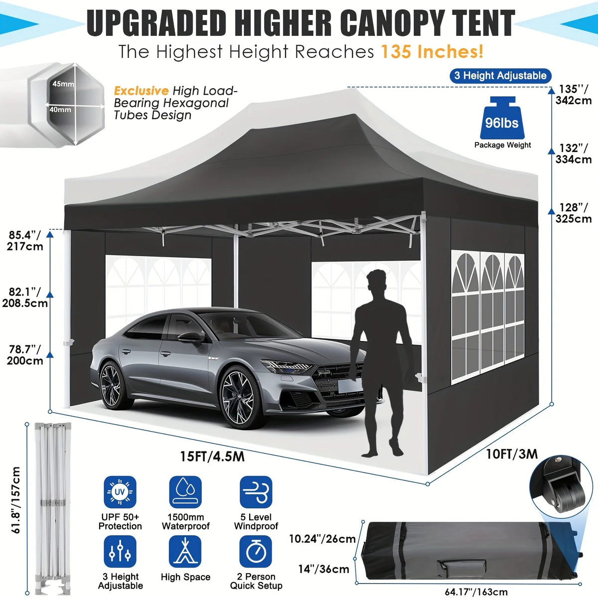 Hoteel 10x15 Heavy Duty Canopy Tent with 4 Sidewalls,Pop up Canopy for Parties Wedding,Commercial Easy up Gazebo with Roller Bag,UV 50+ &,Black
