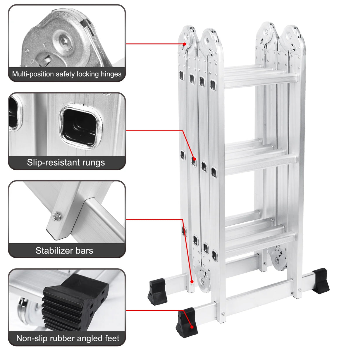 BETISEF 12.5ft 7 in 1 Multi-Purpose Ladder, Folding Aluminium Extension Ladder w/Anti-Slip Feet, EN 131 Standard 330LB Capacity