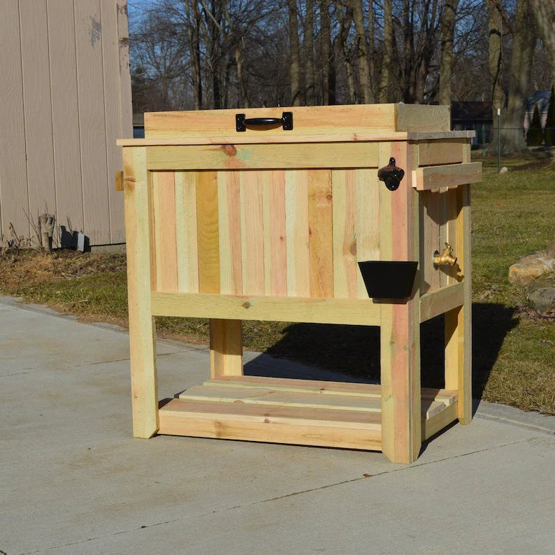 All Weather 48 Quart Antiqued Cedar Cooler Stand with Brass Drain, Bottle Opener and Cap Catcher, Beer Cooler.