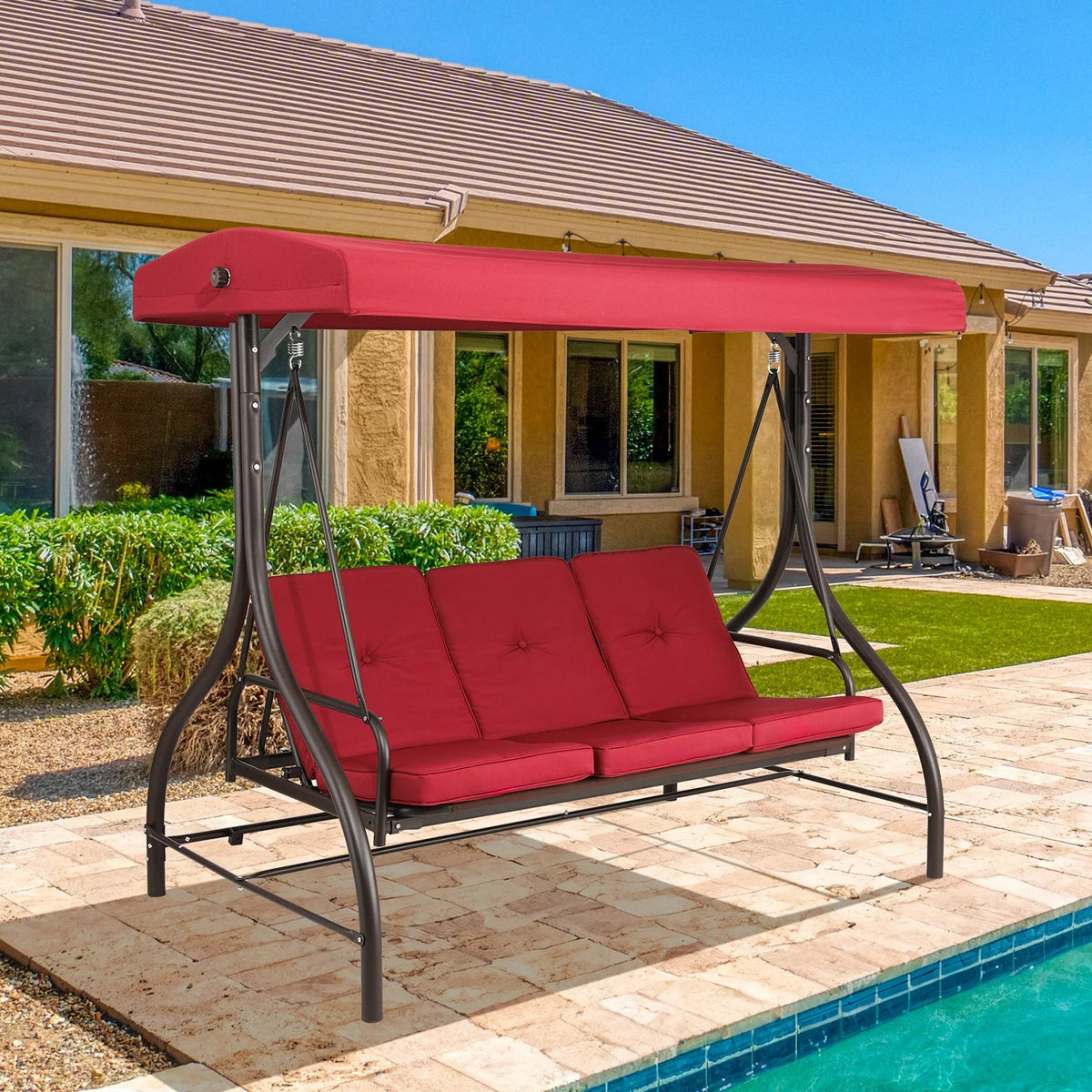 Pirecart 3 Person Patio Porch Swing Outdoor Converting Swing Glider Hammock with Adjustable Canopy, Cushions, Red