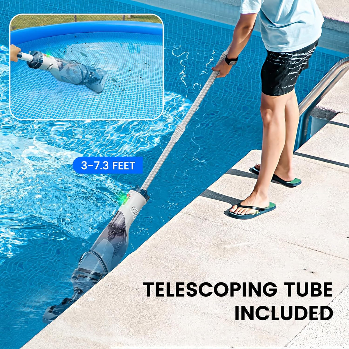 Pool Vacuum for Above Ground Pool with a Telescopic Pole, Running time up to 1H, T403 Handheld Rechargeable Pool Cleaner with Powerful Suction up to 18.5 gallons/min, Ideal for Leaves, Debris