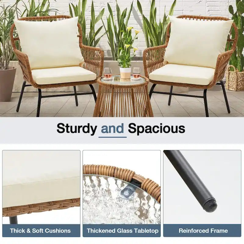 3-Piece Patio Conversation Bistro Set, Outdoor Rattan Furniture Set with Glass Table & 2 Wide Armchairs, Seat Cushions