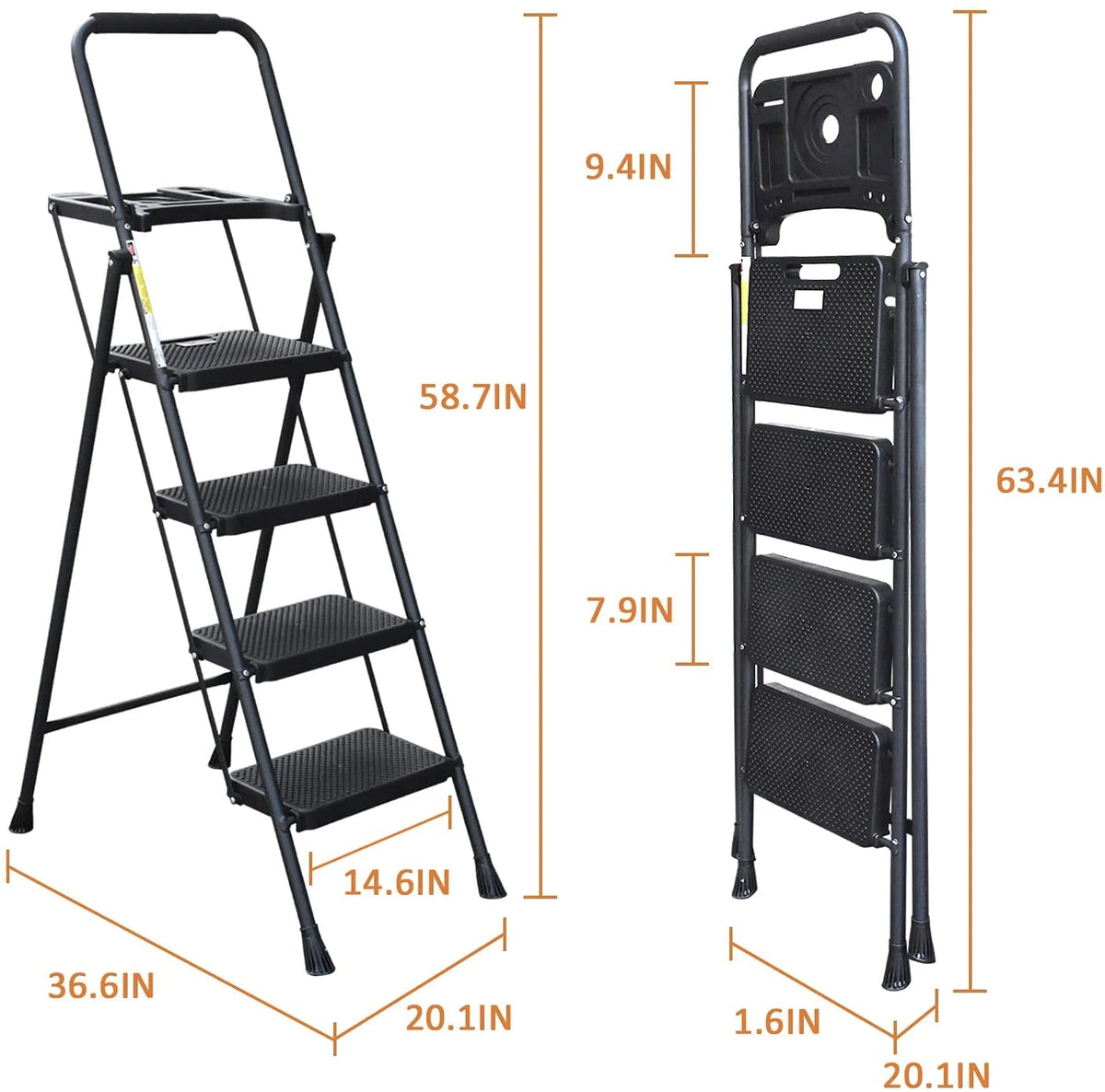 HBTower 4 Step Ladder with Handrails and Tool Bag, Folding Step Stool with Attachable Anti-Slip Wide Pedal, Black