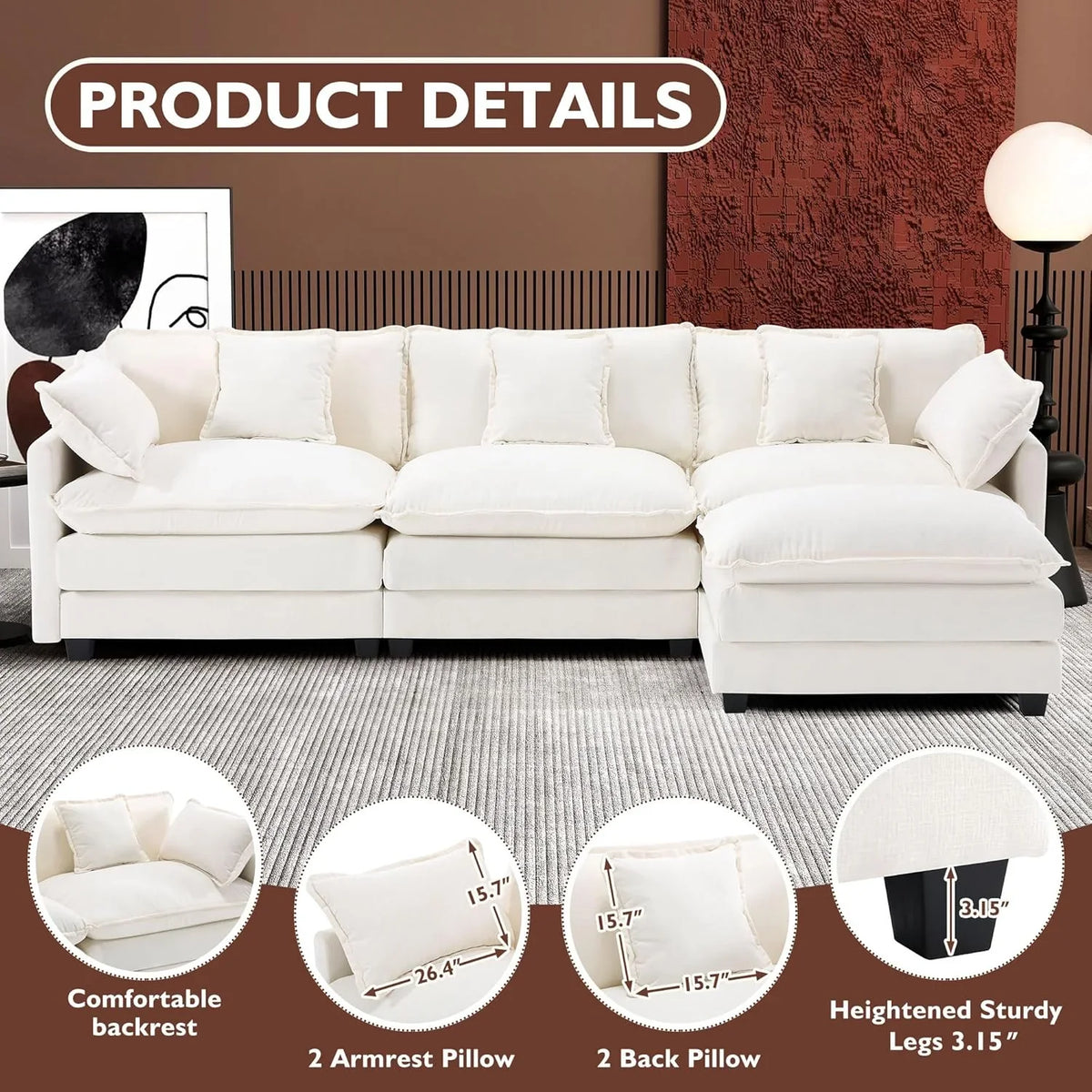 Ihanherry 146" U-Shaped Modern Sofa Modular Sectional Cloud Couch with 2 Ottoman, 6-Seat Chenille Deep Seat Sofa with 6 Pillows for Living Room, Bedroom and Apartment, Grey