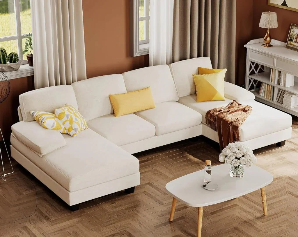 Furmax Sectional Couches for Living Room, U-Shaped Sofa Couch with Linen Fabric, 4 Seat Sofa Set with Double Chaise for Apartment (Fabric, Grey)