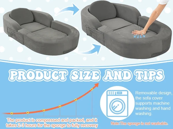 Coumy Toddler Travel Bed 2-in-1 Kids Sofa Chair with Removable Cover, Soft Foam Portable Foldable Toddler Bed for Travel with Carrying Bag, Blue