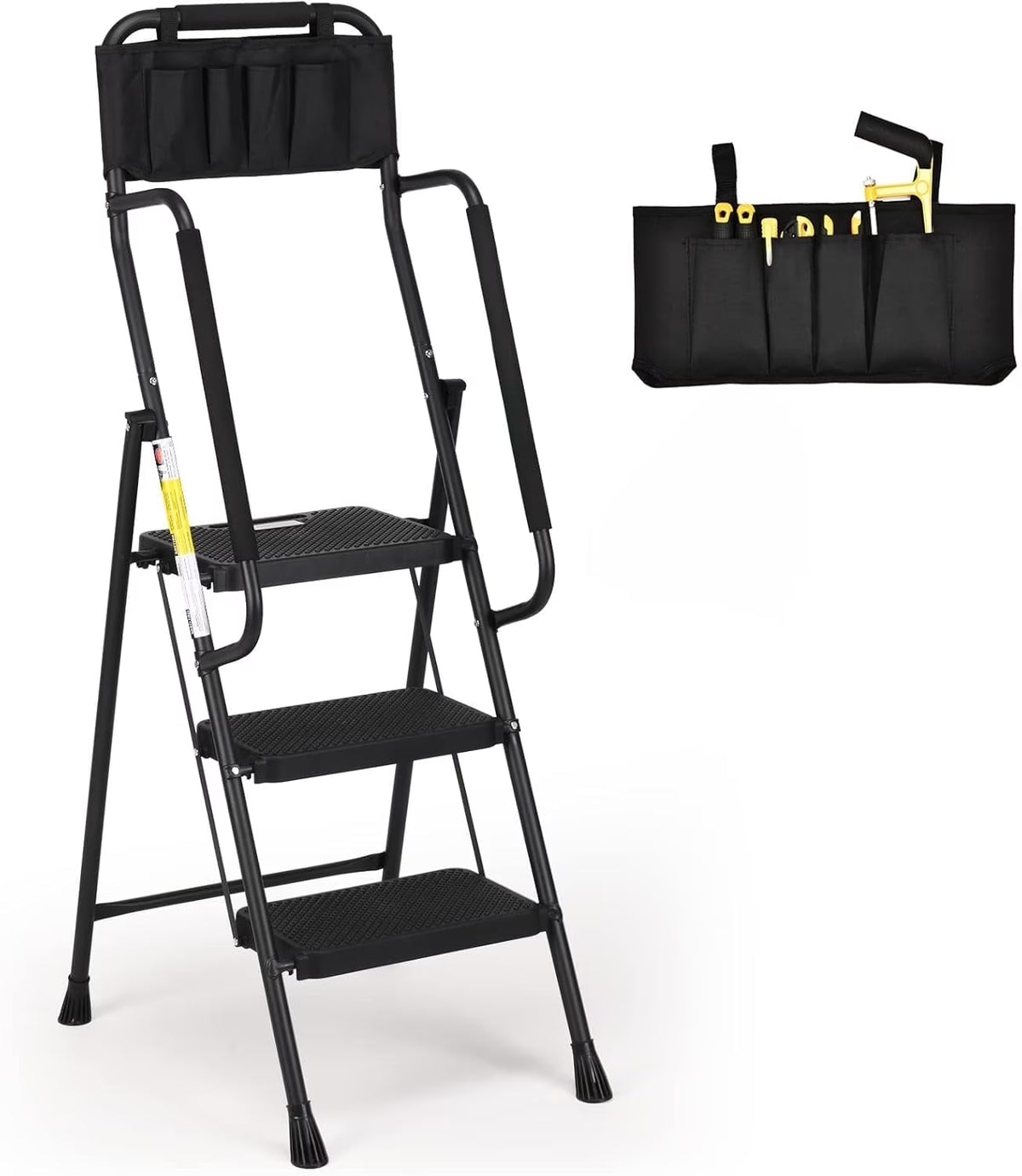 HBTower 4 Step Ladder with Handrails and Tool Bag, Folding Step Stool with Attachable Anti-Slip Wide Pedal, Black