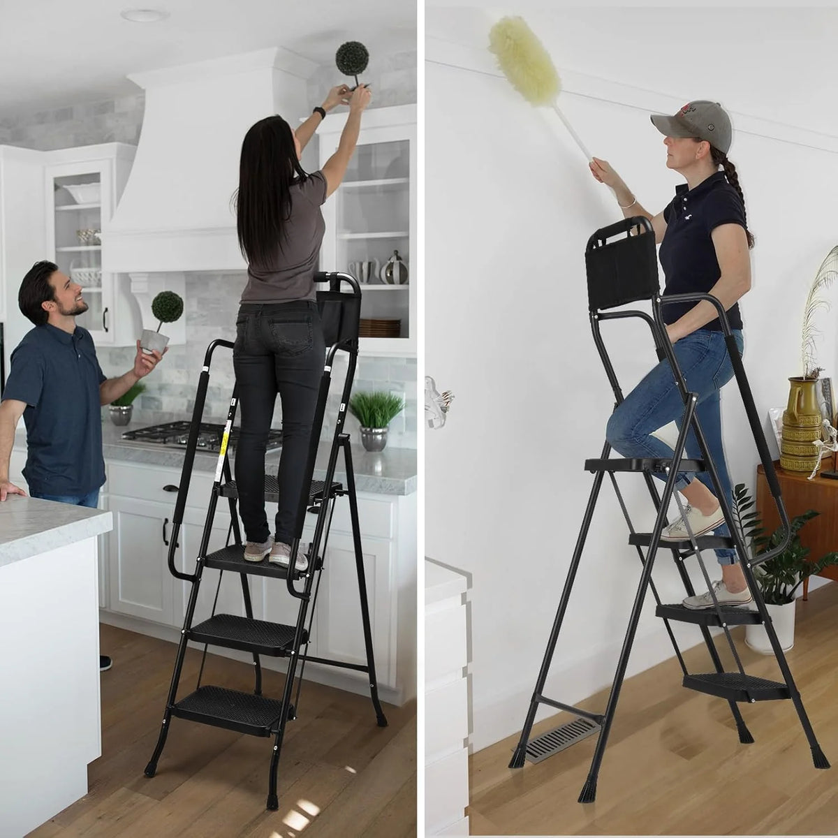HBTower 4 Step Ladder with Handrails and Tool Bag, Folding Step Stool with Attachable Anti-Slip Wide Pedal, Black