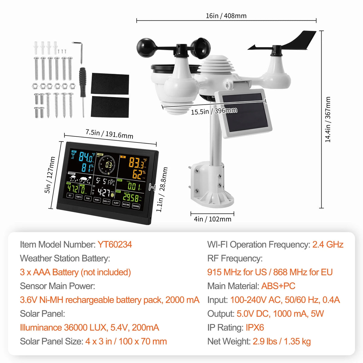 BENTISM 7 in 1 Wi-Fi Wireless Weather Station, for Indoor and Outdoor Temperature and Humidity, Wind Speed/Direction, Rainfall, with Built-in Barometer and 7.5in Digital Color Display