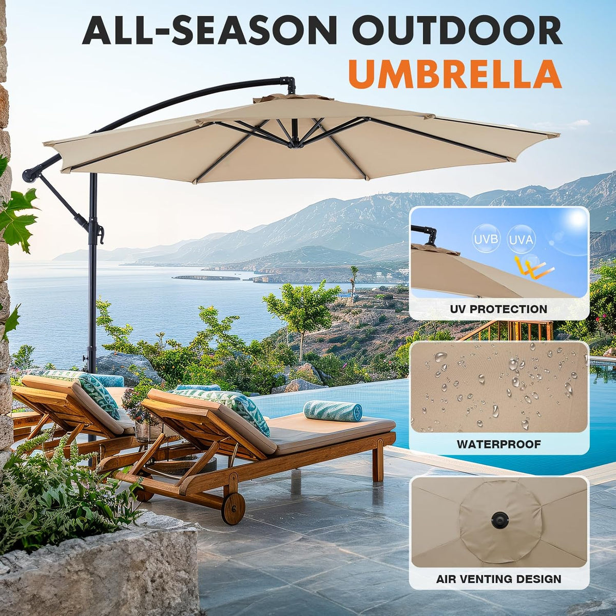 9.8FT Offset Patio Umbrella Hanging Cantilever Umbrella Outdoor Sun Shade with Easy Tilt Adjustment, 8 Ribs, UV Protection for Backyard, Lawn, Garden and Pool, Blue