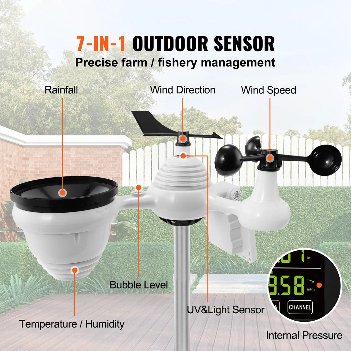 BENTISM 7 in 1 Wi-Fi Wireless Weather Station, for Indoor and Outdoor Temperature and Humidity, Wind Speed/Direction, Rainfall, with Built-in Barometer and 7.5in Digital Color Display