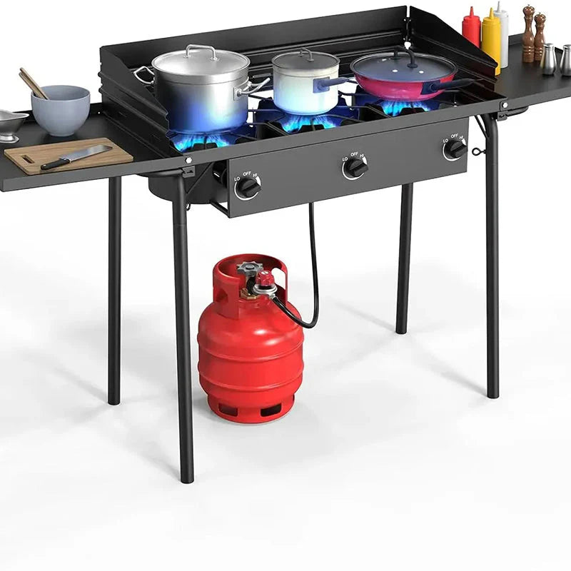 3 Burner Gas Stove with 2 Side Shelves with Removable Leg Wind Panel Regulator