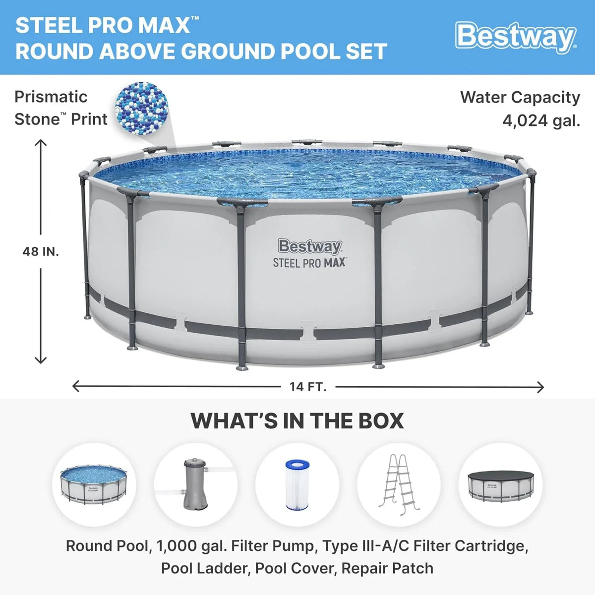 Steel Pro MAX 14 Foot x 48 Inch Round Metal Frame Above Ground Outdoor Swimming Pool Set with 1,000 Filter Pump, Ladder, and Cover, Gray